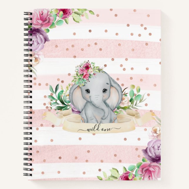 Wild One - Baby Elephant und Blume Notebook Notizbuch (Vorderseite)