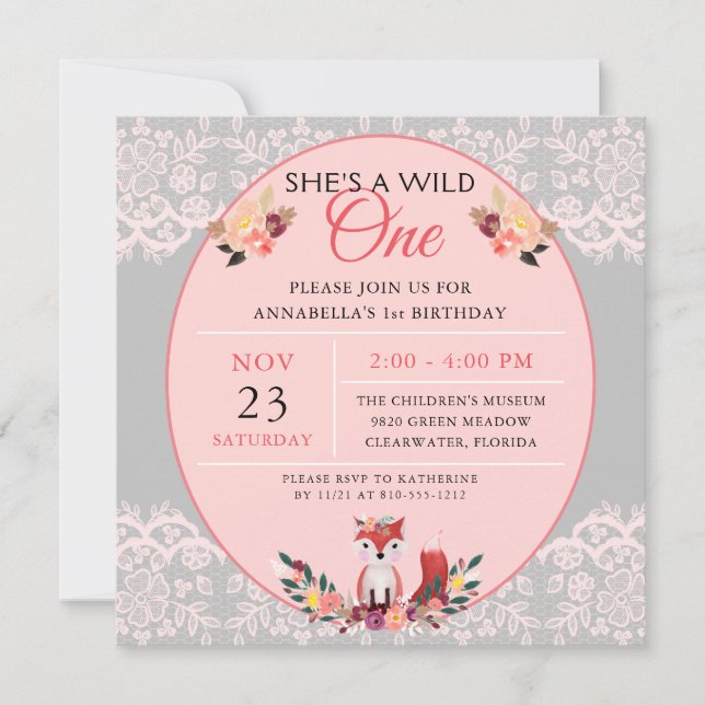 Wild ONE Baby Girl Fox Blume & Lace  Einladung (Vorderseite)