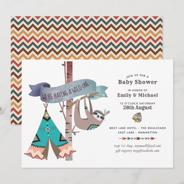 Wild One Baby Shower Tribal Sloth TeePee Einladung (Vorne/Hinten)