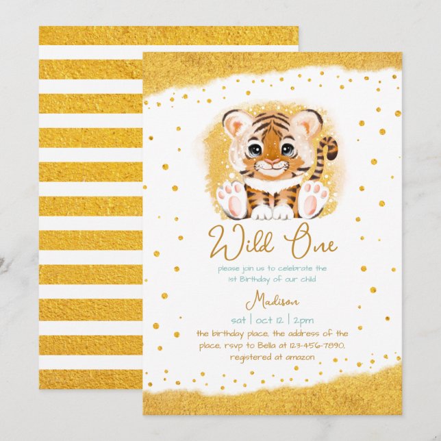 Wild One Baby Tiger Child Niedlich erster Geburtst Einladung (Vorne/Hinten)