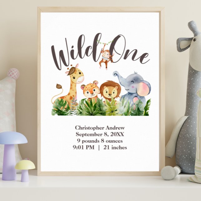 Wild One Birth Stats Jungle Safari Animaux Poster (Wild One Nursery Wall Art Birth Stats Baby Shower Gift)