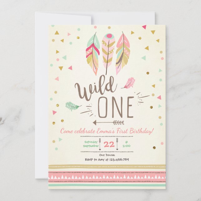 Wild one Birthday Girl Pink Gold 1st Boho Feathers Einladung (Vorderseite)