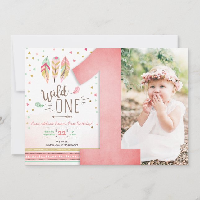 Wild One Birthday Girl Pink Gold 1st Boho Feathers Einladung (Vorderseite)