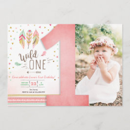 Wild One Birthday Girl Pink Gold 1st Boho Feathers Einladung