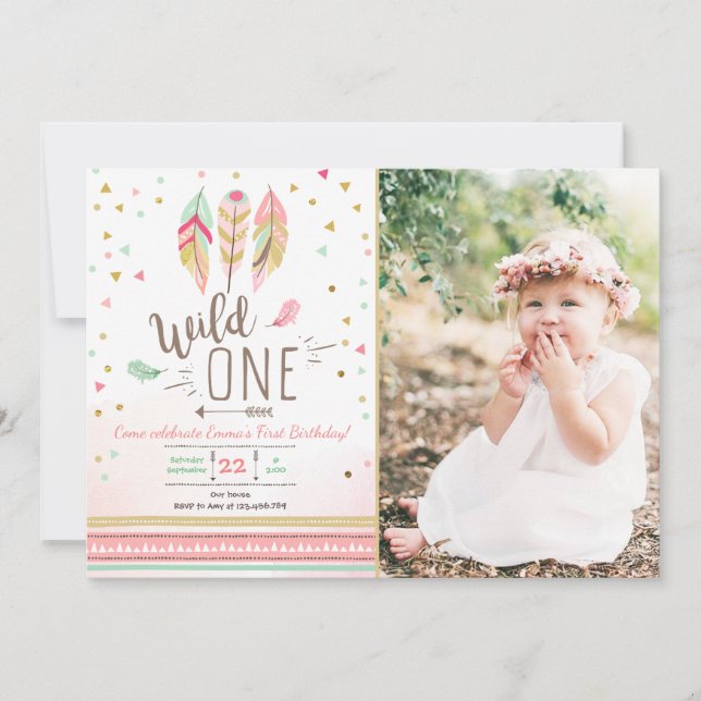 Wild one Birthday Girl Pink Gold 1st Boho Feathers Einladung (Vorderseite)