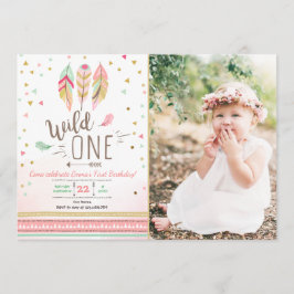 Wild one Birthday Girl Pink Gold 1st Boho Feathers Einladung