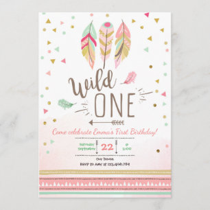 Wild one Birthday Girl Pink Gold 1st Boho Feathers Einladung