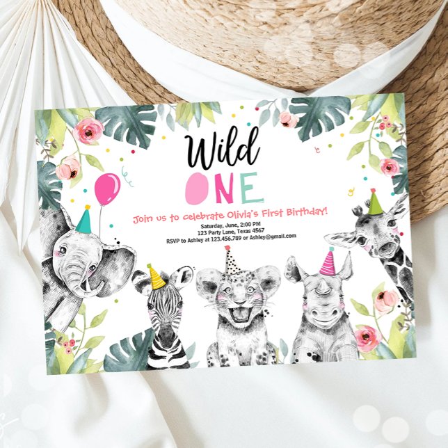 Wild One Birthday Invitation Safari Girls Animaux (Créateur téléchargé)