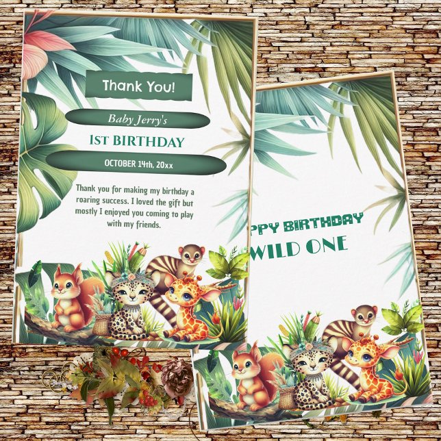 Wild One Birthday Jungle Safari Tropische Vegetati Dankeskarte (Wild One Birthday Jungle Safari Tropical Leaves Greenery Thank You Card)