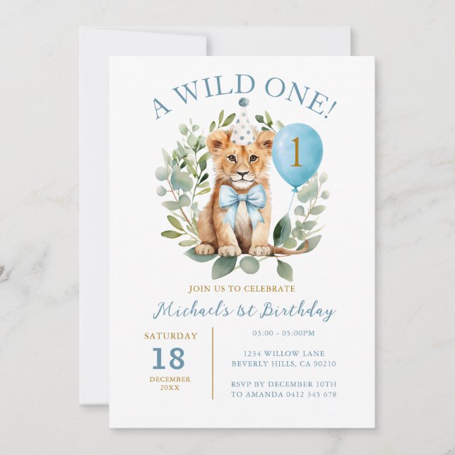 Wild One Birthday Lion Boy Birthday Floral Bow Kra Einladung (Vorderseite)