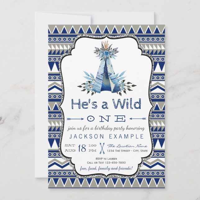 Wild One Birthday Party Blue Teepee Erster Geburts Einladung (Vorderseite)