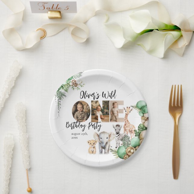 Wild One Birthday Safari Animal Foto Pappteller (Hochzeit)