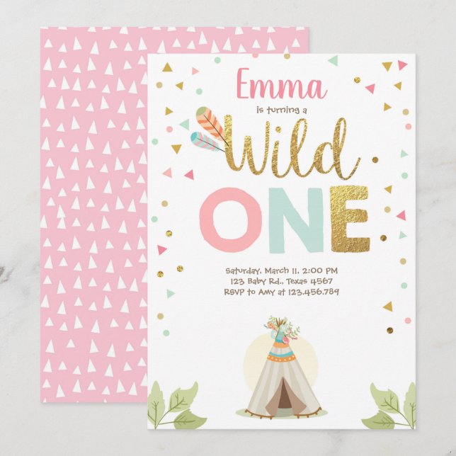 Wild One Birthday Teepee Boho Tribal Pink Girl Einladung (Vorne/Hinten)