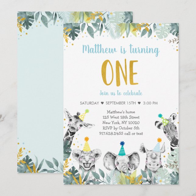Wild One Blue Gold Party Animal - Einladung zum Ge (Vorne/Hinten)