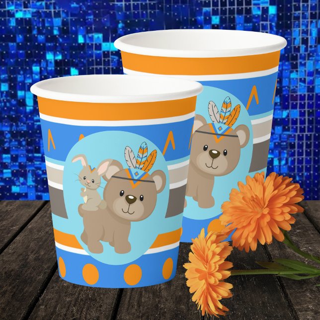 Wild One Blue Woodland Bear & Bunny Party Pappbecher (Woodland Forest Bear Party Paper Cups. Featuring a tribal inspired pattern in Blue, Orange & Brown)