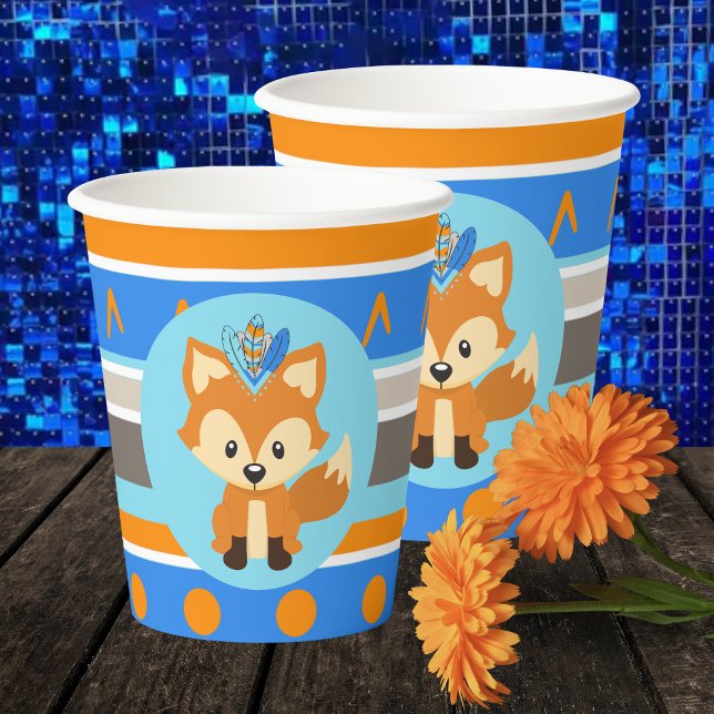 Wild One Blue Woodland Fox Party Paper Cups Pappbecher (Woodland Forest Fox Party Paper Cups. Featuring a tribal inspired pattern in Blue, Orange, and Brown)
