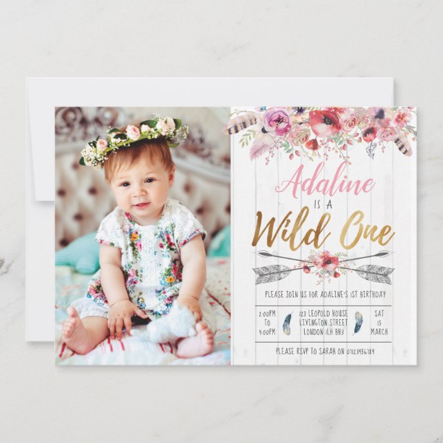 Wild One Boho Birthday Girls 1. Geburtstag einlade Einladung (Vorderseite)