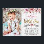 Wild One Boho Birthday Girls 1. Geburtstag einlade Einladung<br><div class="desc">Wild One Boho Birthday Girls Foto 1. Geburtstag einladen,  Imitate Folie Gold und Stammeselemente mit Aquarell Blume.</div>