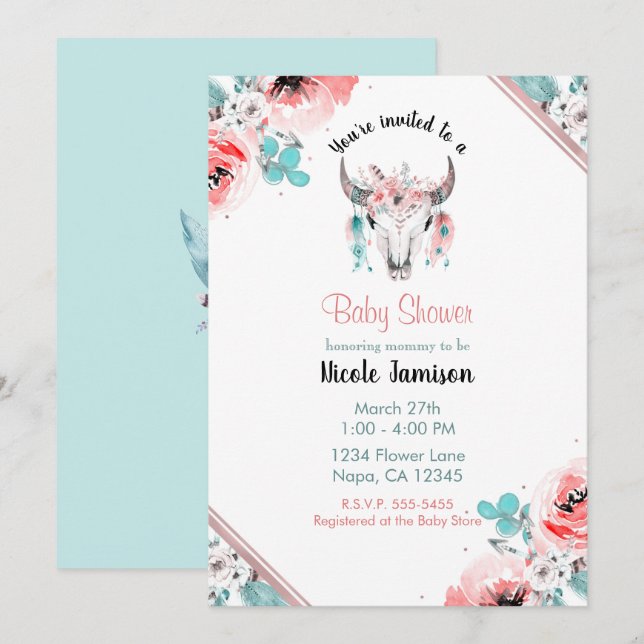 WILD ONE Boho Chic Floral Baby Shower Einladung (Vorne/Hinten)