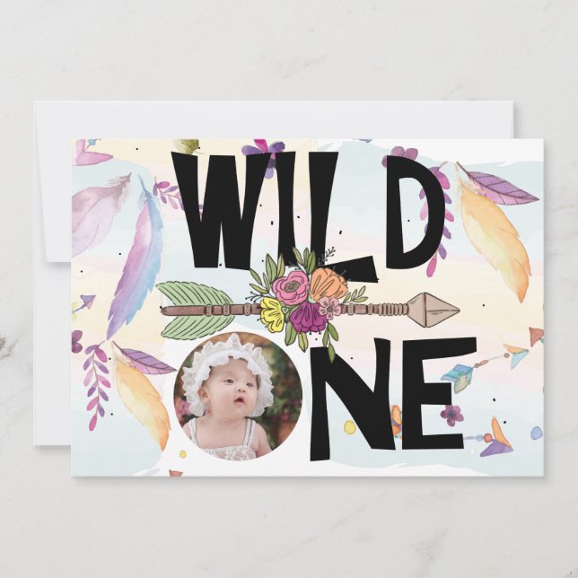 Wild One Boho Foto Girls First Birthday Einladung (Vorderseite)