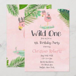 Wild One Boho Pink Flamingo 1. Geburtstag Party Einladung