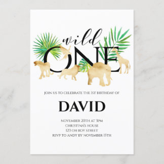 WILD ONE Boy 1. Geburtstag Gold Foil Animals Jungl Einladung