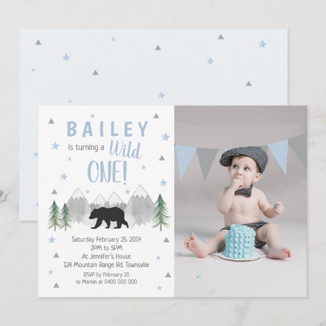 Wild One Boy 1er Birthday Photo Invitation (Devant / Derrière)