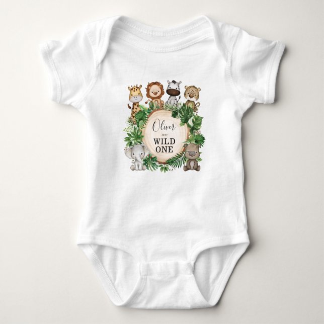 Wild One Boy Birthday Jungle Safari Tiere Baby Strampler (Vorderseite)