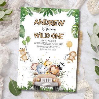 Wild One Boy's 1st Birthday Invite, Safari Animals Einladung