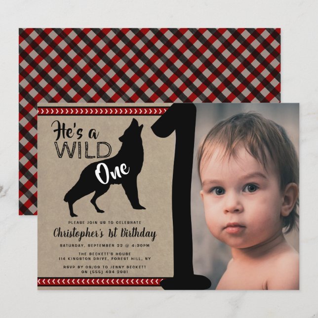 Wild One Boys Photo First Birthday Invitations (Devant / Derrière)
