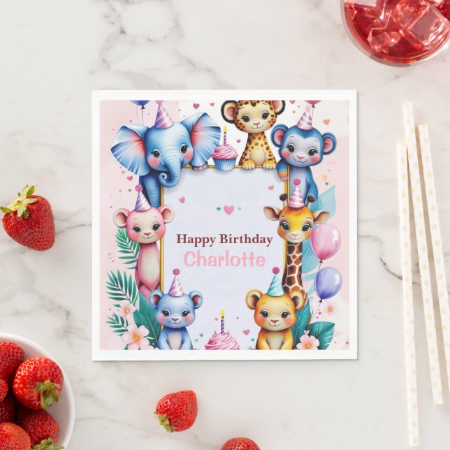 Wild One Cute Animals Balloon girls Birthday Serviette (Beispiel)