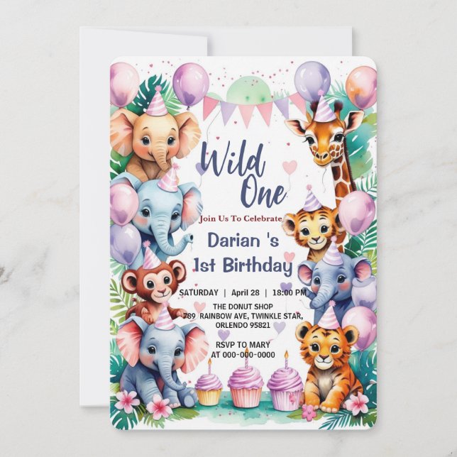 Wild One Cute Animals Balloon kids 1st Birthday Einladung (Vorderseite)