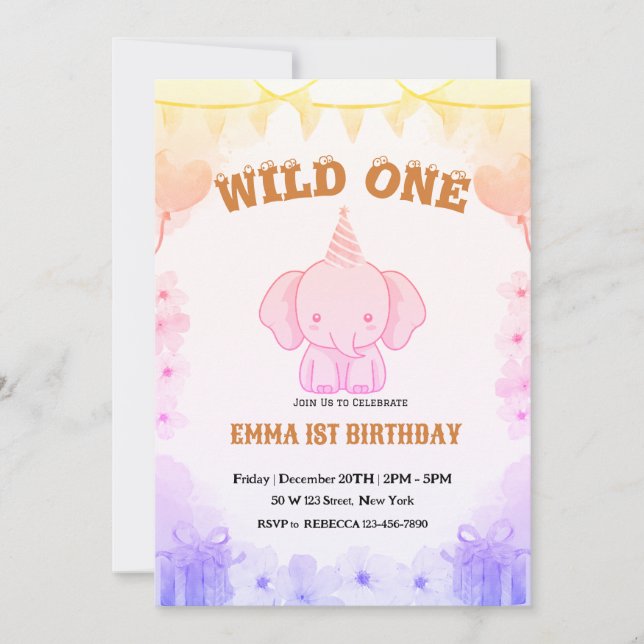 Wild One Cute Elephant 1st Birthday Invitation (Devant)