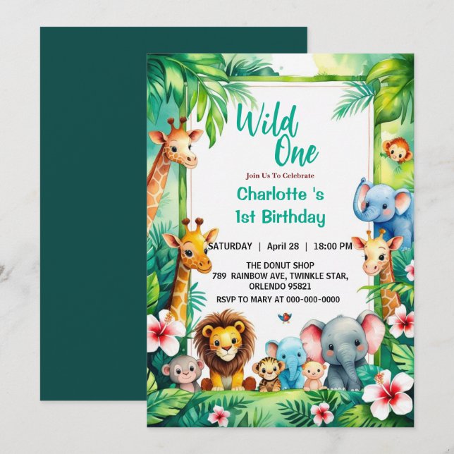 Wild One Cute Jungle Animal Child's 1st Birthday  Einladung (Vorne/Hinten)