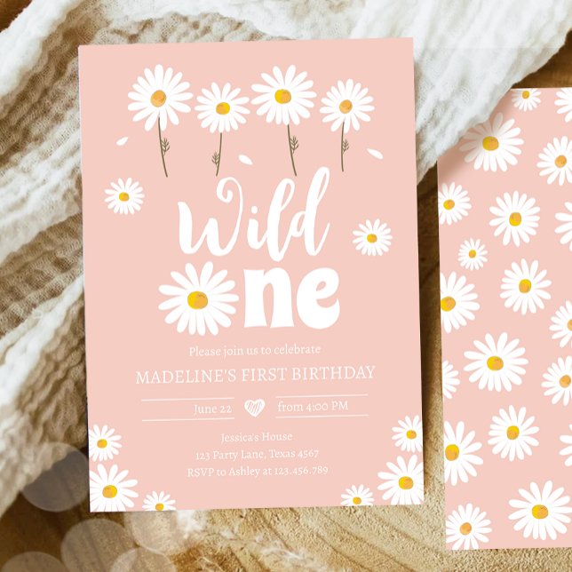 Wild One Daisy Boho Retro Pink Girl Erster Geburts Einladung (Von Creator hochgeladen)