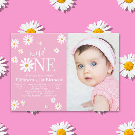Wild One Daisy Girl First Birthday Photo  Einladung