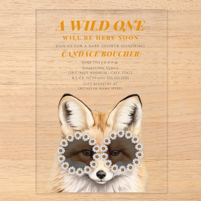 Wild One Daisy Sunglasses Fox Baby Shower Acryleinladungen (Vorderseite)