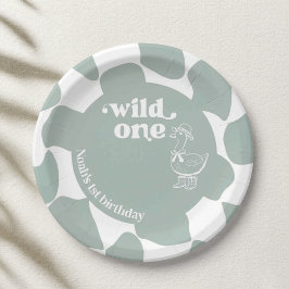 Wild One Dapper Duck 1st Birthday Sage Green Check Pappteller