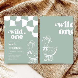 Wild One Dapper Duck 1st Birthday- sage green Einladung