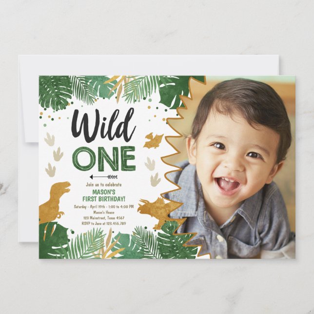 Wild One Dino Party Boy Gold Dinosaur 1. Geburtsta Einladung (Vorderseite)
