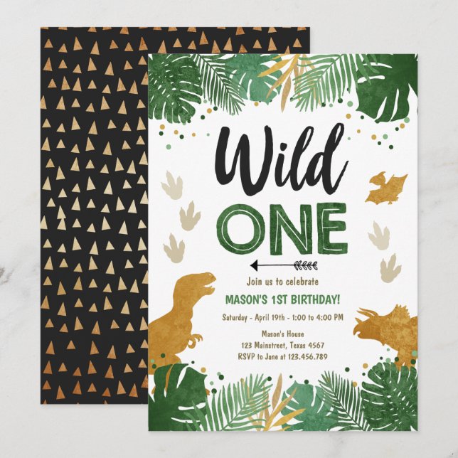 Wild One Dino Party Boy Gold Dinosaur 1. Geburtsta Einladung (Vorne/Hinten)