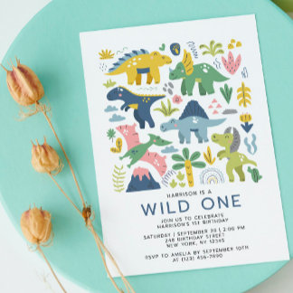 Wild One Dino Party Niedlich Moderne Dinosaurier E Einladung