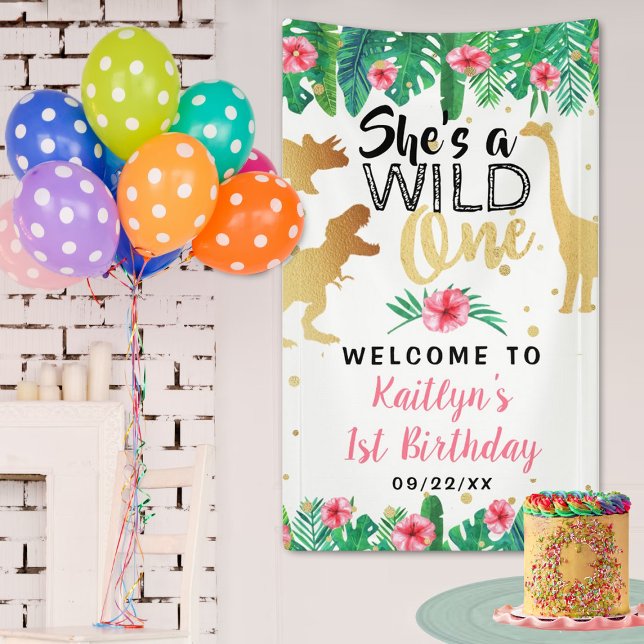 Wild One Dinosaur Girls 1. Geburtstag Willkommen Banner (Von Creator hochgeladen)