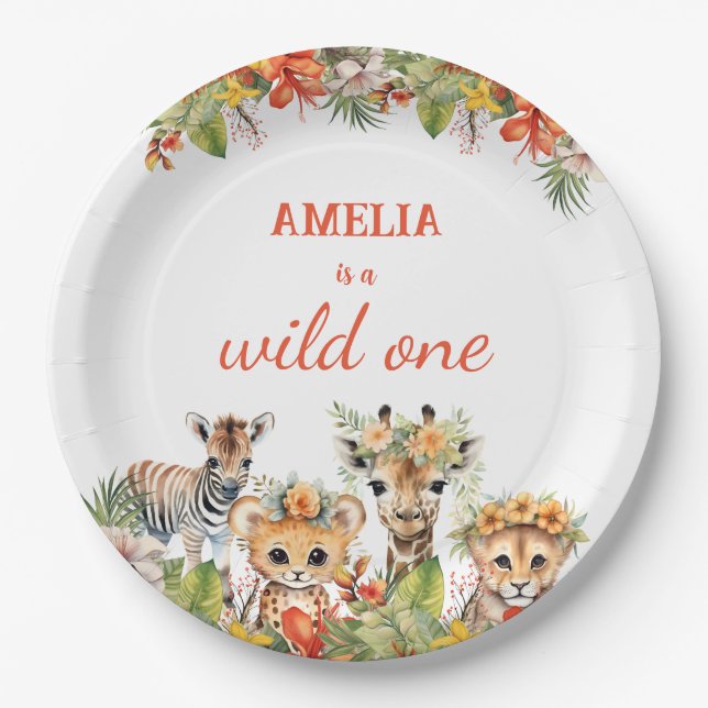 Wild One First Birthday Girl Safari Jungle Animals Pappteller (Vorderseite)