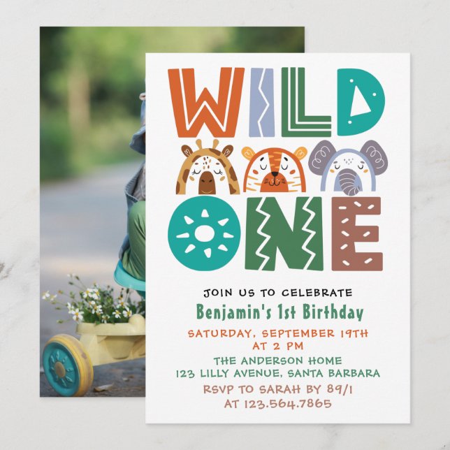 Wild One First Birthday Photo Invitation (Devant / Derrière)
