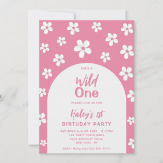 Wild One Floral Cute Baby Girl 1st Birthday Party Einladung