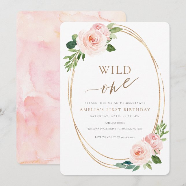 Wild One Floral First Birthday Invitation Girl (Devant / Derrière)