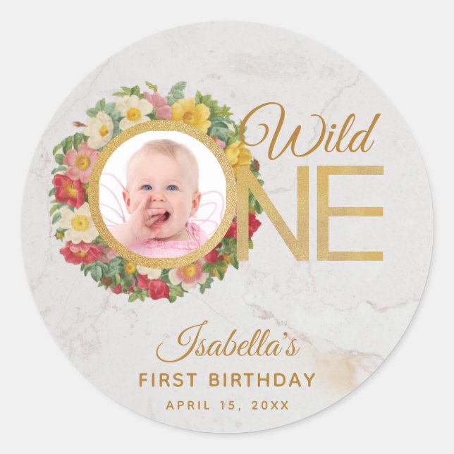 Wild-One-Floral-Foto Rose Wreath Runder Aufkleber (Vorderseite)