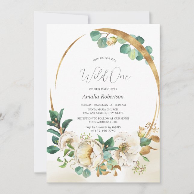 Wild One Floral Greenerie Goldene Einladung (Vorderseite)