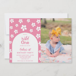 Wild One Floral Photo Baby Girl 1st Birthday Party Einladung